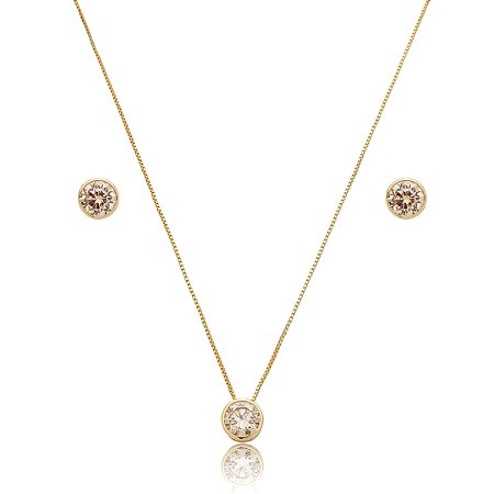 Conjunto de brinco e colar cravejado de zircônia citrino banho de ouro 18k