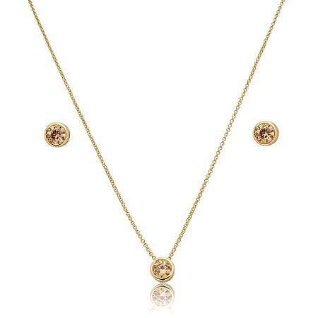 Conjunto de brinco e colar cravejado de zircônia citrino banho de ouro 18k