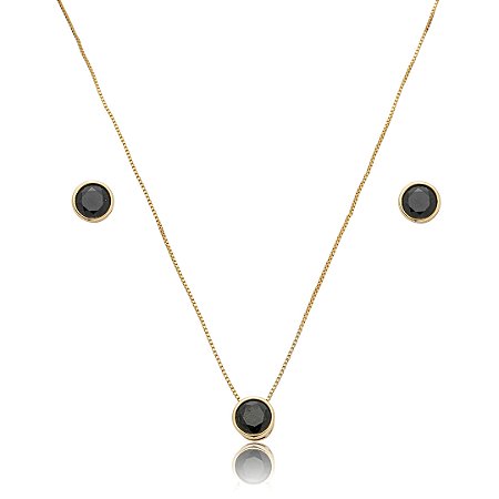 Conjunto de brinco e colar cravejado de zircônia Ônix banho de ouro 18k