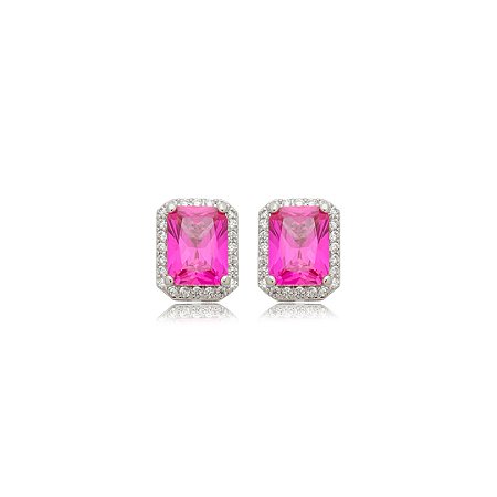 Brinco de base cravejado de zircônia pink e cristal banho em ródio branco