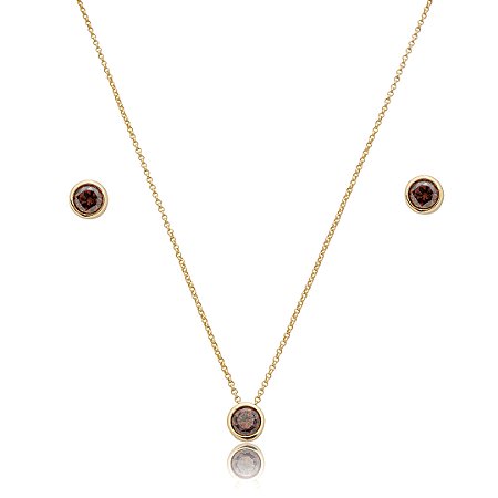 Conjunto de brinco e colar cravejado de zircônia granada banho de ouro 18k