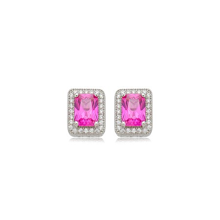 Brinco de base cravejado de zircônia pink e cristal banho em ródio branco