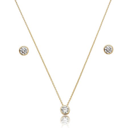 Conjunto de brinco e colar cravejado de zircônia cristal banho de ouro 18k