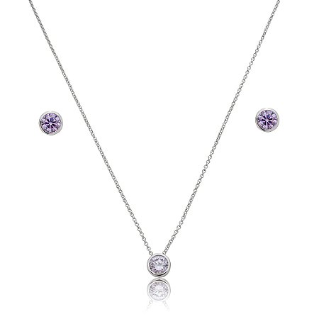 Conjunto de brinco e colar cravejado de zircônia tanzanita banho de ródio branco