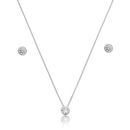 Conjunto de brinco e colar cravejado de zircônia cristal banho de ródio branco
