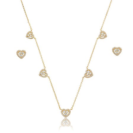 Conjunto de brinco e colar coração de zircônia cristal banho de ouro 18k