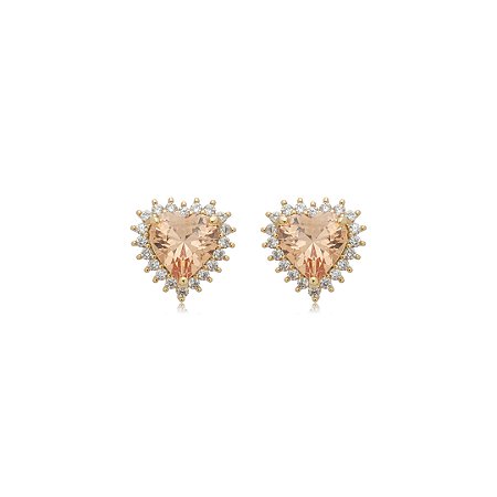 Brinco de coração cravejado de zircônia citrino e cristal banho em ouro 18k