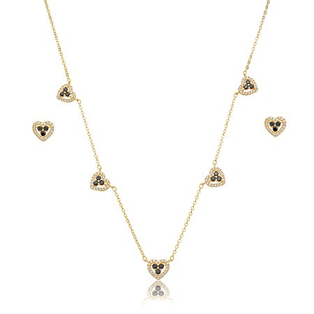 Conjunto de brinco e colar coração de zircônia Ônix banho de ouro 18k