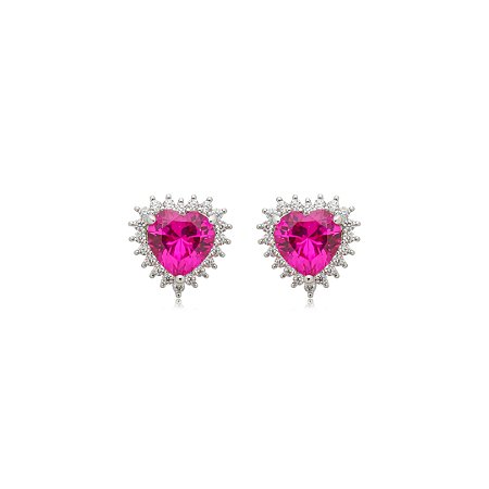 Brinco de coração cravejado de zircônia pink e cristal banho em ródio branco