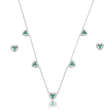 Conjunto de brinco e colar coração de zircônia esmeralda banho de ródio branco