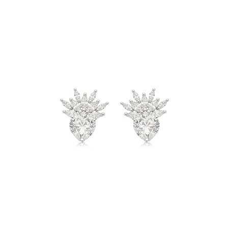 Brinco de coração cravejado de zircônia cristal banho em ródio branco