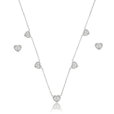 Conjunto de brinco e colar coração de zircônia cristal banho de ródio branco