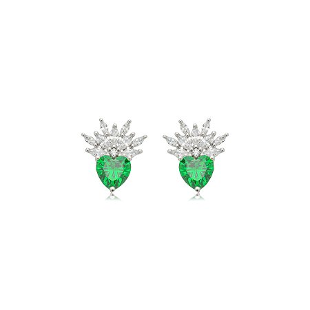 Brinco de coração cravejado de zircônia esmeralda e cristal banho em ródio branco