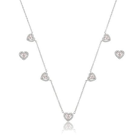 Conjunto de brinco e colar coração de zircônia rosa banho de ródio branco