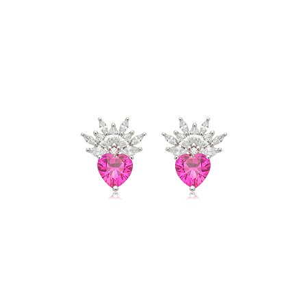 Brinco de coração cravejado de zircônia pink e cristal banho em ródio branco