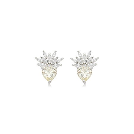 Brinco de coração cravejado de zircônia yellow fancy e cristal banho em ródio branco