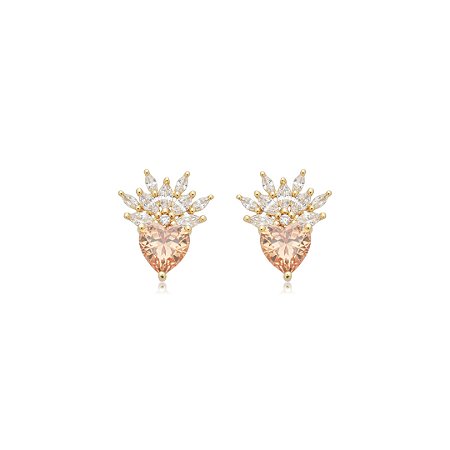 Brinco de coração cravejado de zircônia citrino e cristal banho em ouro 18k