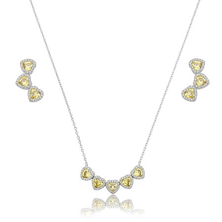 Conjunto de brinco e colar coração de zircônia yellow fancy banho de ródio branco