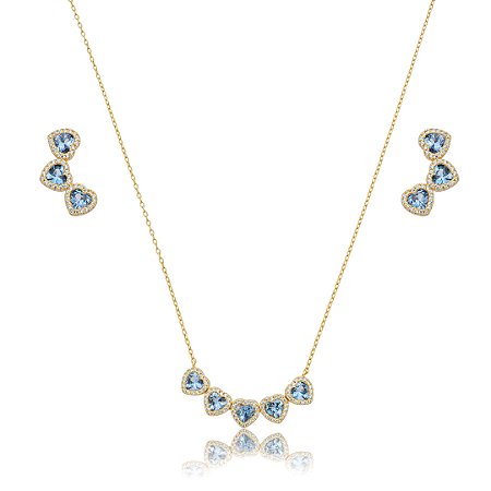 Conjunto de brinco e colar coração de zircônia acqua banho de ouro 18k