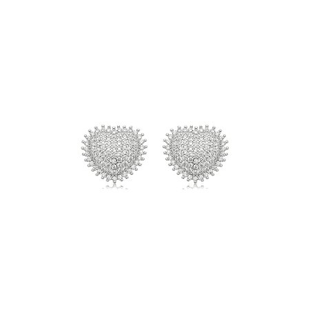 Brinco de coração cravejado de zircônia cristal banho em ródio branco