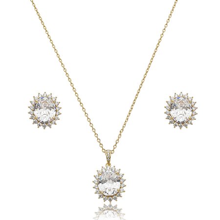 Conjunto de brinco e colar cravejado de zircônia cristal banho de ouro 18k