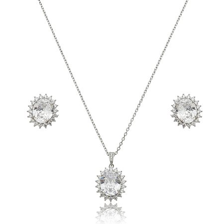 Conjunto de brinco e colar cravejado de zircônia cristal banho de ródio branco