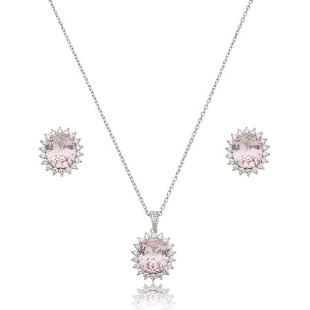 Conjunto de brinco e colar cravejado de zircônia rosa banho de ródio branco