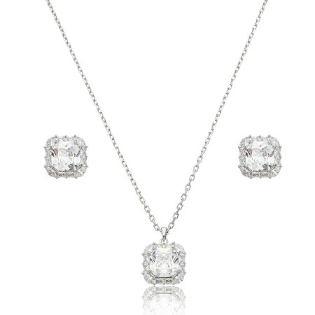 Conjunto de brinco e colar cravejado de zircônia cristal banho de ródio branco