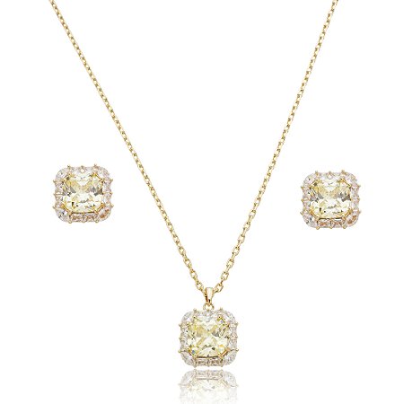 Conjunto de brinco e colar cravejado de zircônia yellow fancy banho de ouro 18k