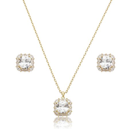 Conjunto de brinco e colar cravejado de zircônia cristal banho de ouro 18k