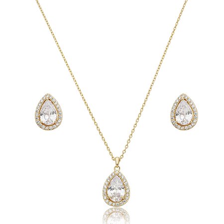 Conjunto de brinco e colar gota cravejado de zircônia cristal banho de ouro 18k