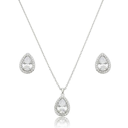 Conjunto de brinco e colar gota cravejado de zircônia cristal banho de ródio branco