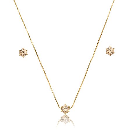 Conjunto de brinco e colar cravejado de zircônia citrino banho de ouro 18k