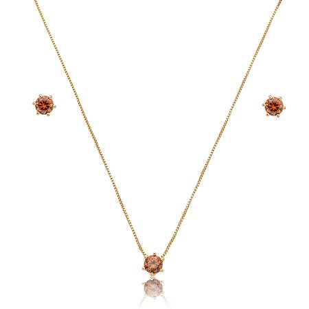 Conjunto de brinco e colar cravejado de zircônia granada banho de ouro 18k