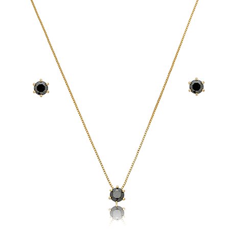Conjunto de brinco e colar cravejado de zircônia Ônix banho de ouro 18k