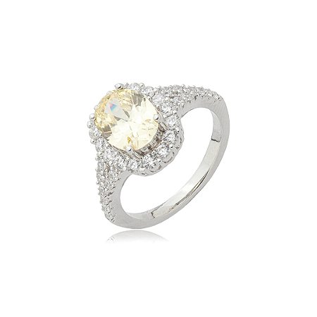 Anel cravejado de zircônia yellow fancy e cristal banho em ródio branco