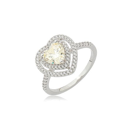 Anel de coração cravejado de zircônia yellow fancy e cristal banho em ródio branco