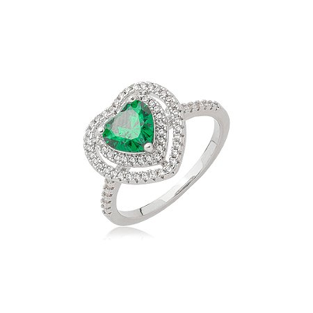 Anel de coração cravejado de zircônia esmeralda e cristal banho em ródio branco