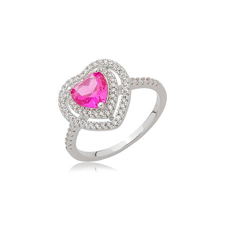 Anel de coração cravejado de zircônia pink e cristal banho em ródio branco