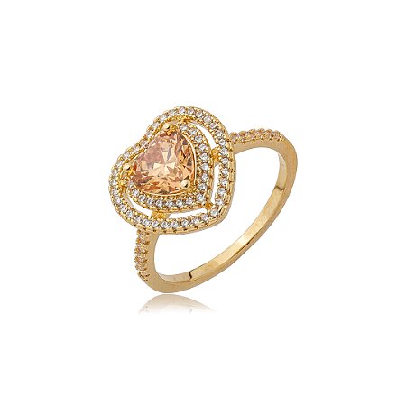 Anel de coração cravejado de zircônia citrino e cristal banho em ouro 18k