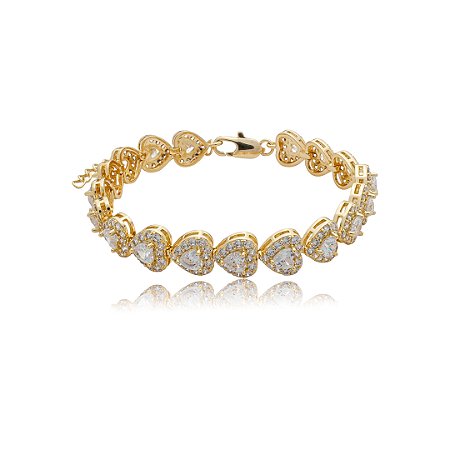Pulseira cravejada coração de zircônia cristal banho de ouro 18k