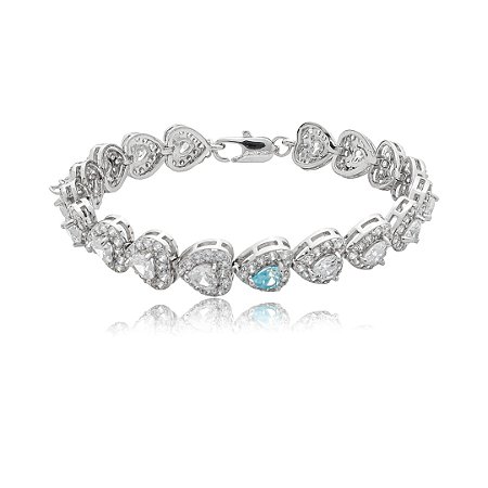 Pulseira cravejada coração de zircônia cristal com detalhe acqua banho de ródio branco