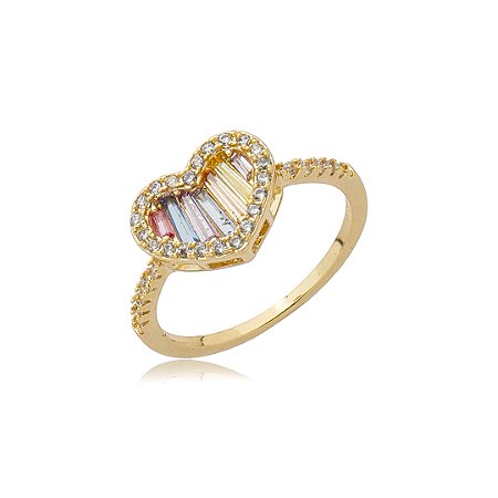 Anel de coração cravejado de zircônia rainbow banho em ouro 18k