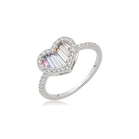 Anel de coração cravejado de zircônia rainbow banho em Ródio branco