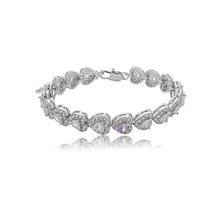 Pulseira cravejada coração de zircônia cristal com detalhe tanzanita banho de ródio branco