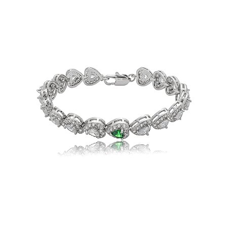 Pulseira cravejada coração de zircônia cristal com detalhe esmeralda banho de ródio branco