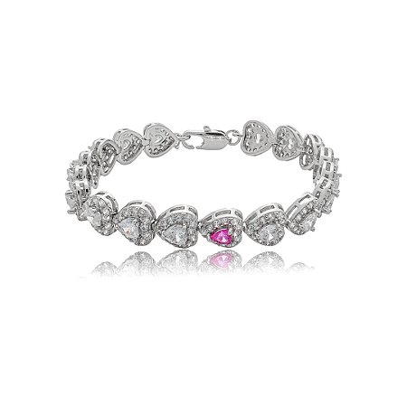 Pulseira cravejada coração de zircônia cristal com detalhe pink banho de ródio branco