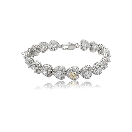 Pulseira cravejada coração de zircônia cristal com detalhe yellow fancy banho de ródio branco