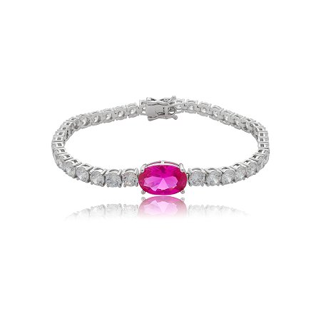 Pulseira riviera cravejada de zircônia cristal com detalhe zircônia pink banho de ródio branco