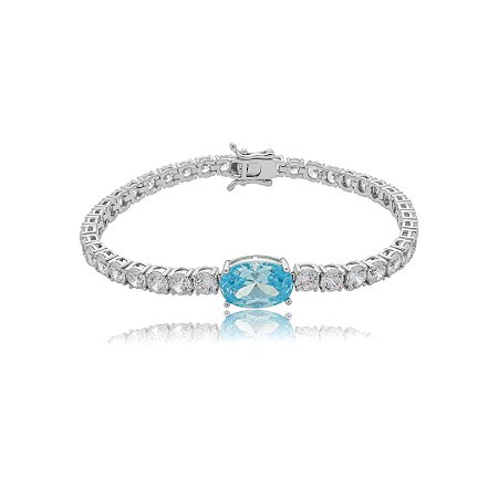 Pulseira riviera cravejada de zircônia cristal com detalhe zircônia acqua banho de ródio branco